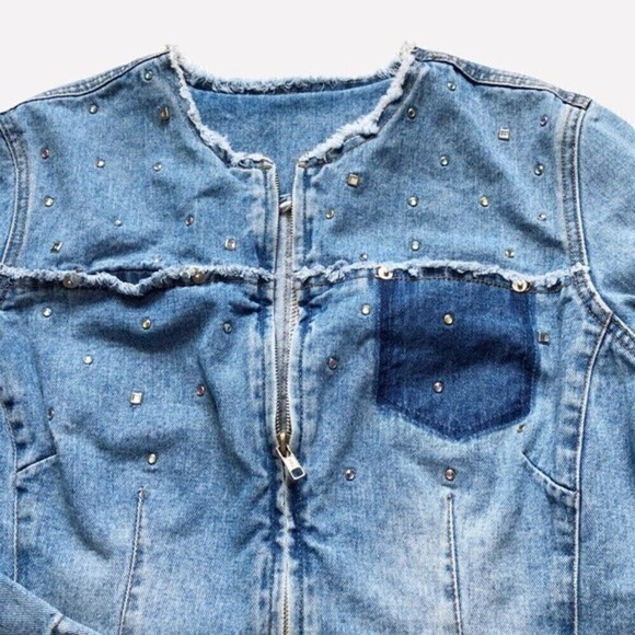 Vintage 80s Express Denim Jean Jacket Studded Fitted Collarless Inside Out Seams - Picture 11 of 16